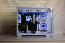 Ice Box white gaming PC by PandaPCs, front view through tempered glass