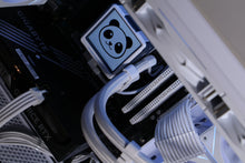 Ice Box white gaming PC close-up of blue-lit case fan and panda AIO screen
