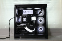 The King Panda gaming PC angled view with dual LCD screens